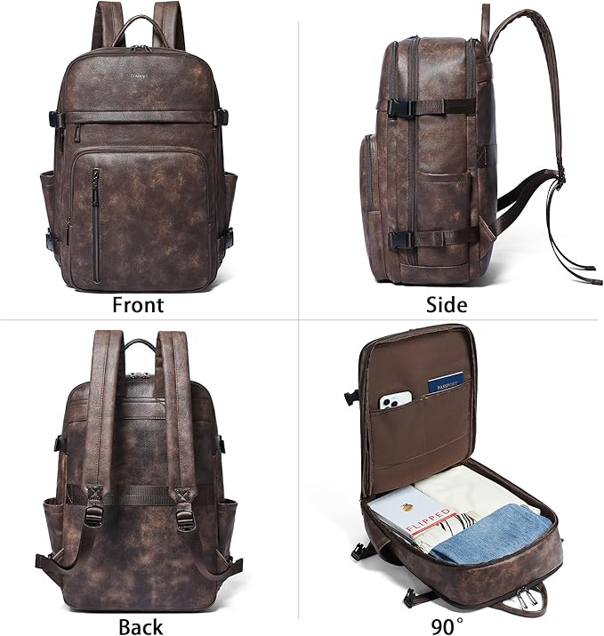 Travel Backpack for Women, Fits 17.0" Notebook, Stylish Lay-Flat Carry-on Vegan Leather Backpack with Luggage Strap for Travel and Daily Use