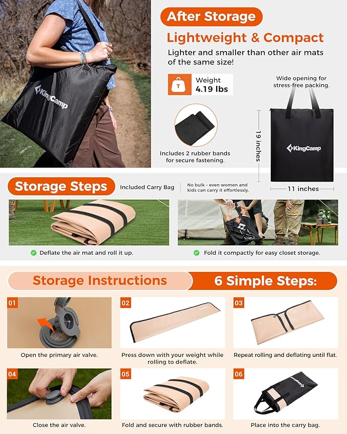 Kingcamp FLEXIREST 5.0 Sleeping Pad for Camping, PVC-Free Air Inflatable High Support Compact Camping Mattress with Pump Sack for Glamping Tent Cot Car Travel, 79"*30"*2"