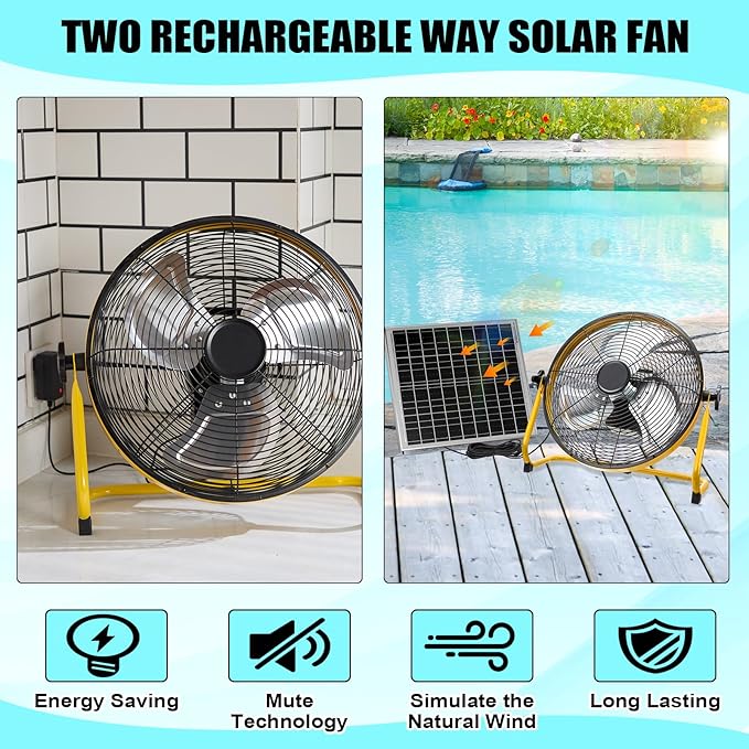 14 Inch Solar Panel Powered Fan, 2 in 1 Solar Panel or AC Charger Powered Fan 12W 9V Portable for Chicken Coop Greenhouse Household Exhaust Camping Travel Outdoor(Yellow)