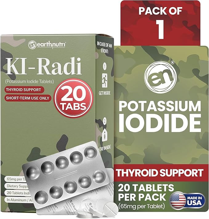 EarthNutri KI-Radi™ Potassium Iodide Tablets 65 mg – High Potency Iodine Supplement for Thyroid Support, Emergency Preparedness – Potassium Supplement in Foil-Foil Blister Seal – 20 Tablets