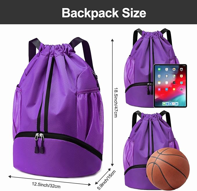 Hoedia Sports Drawstring Backpack - String Swim Gym Bag with Shoes Compartment and Wet Proof Pocket for Women/Men (Purple)
