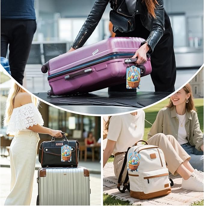 3 Pack Cute Easter Eggs Luggage Tags for Suitcase Bunny Daisy PU Leather Travel Luggage Tag Privacy Cover ID Label for Women Men Baggage Backpack Handbag School Bag