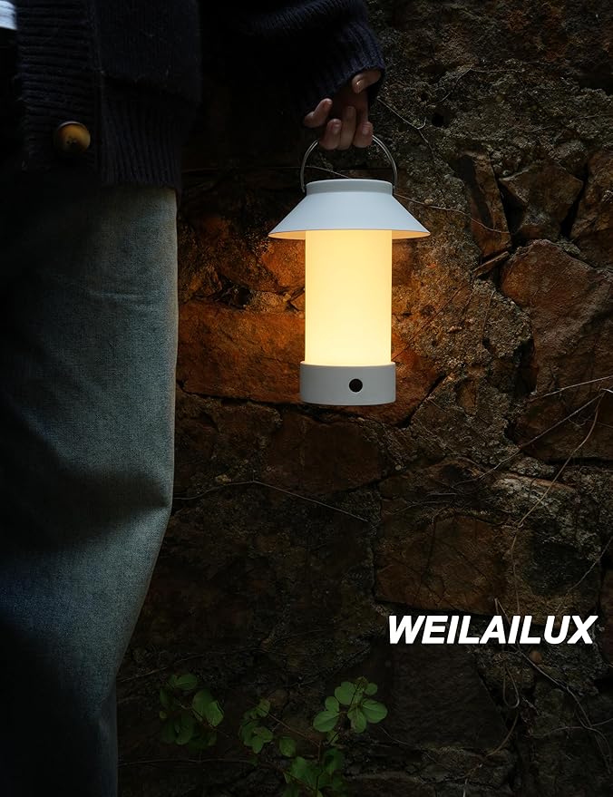Rechargeable Outdoor Lantern Waterproof, Dimmable Warm White & Flickering Flame Mood Light, Portable Cordless Table Lamp for Patio/Camping/Shower/Emergency Power Outage (White)