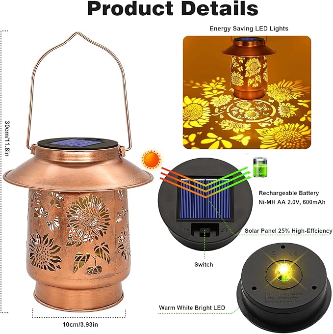Sunflower Solar Lanterns Outdoor Waterproof Brim,Garden Decor Birthday Gifts for Women Mom Grandma,Metal Hanging Solar Lights Outside Decorative for Yard Patio Backyard Pathway