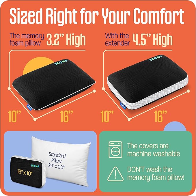 Kids Camping Pillow: Dual-Cover Memory Foam Small Pillow; Medium-Firm Camp Pillow | Mini Pillow w/ 5 Layers for Comfort and Support; Small Travel Pillow/Compact Pillow 10x16 Inches (Black)