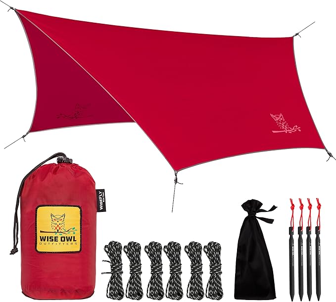 Wise Owl Outfitters Hammock Rain Fly – Waterproof Camping Tarp Cover with Tent Stakes & Carry Bag, Ultralight Shelter for Backpacking & Outdoor Shade