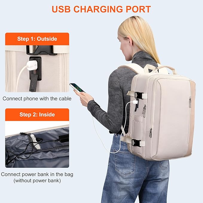 PIJUSHI Travel Backpack for Women Expandable Carry on Luggage Backpack Airline Approved Personal Item Laptop Bag(PE034 Beige)