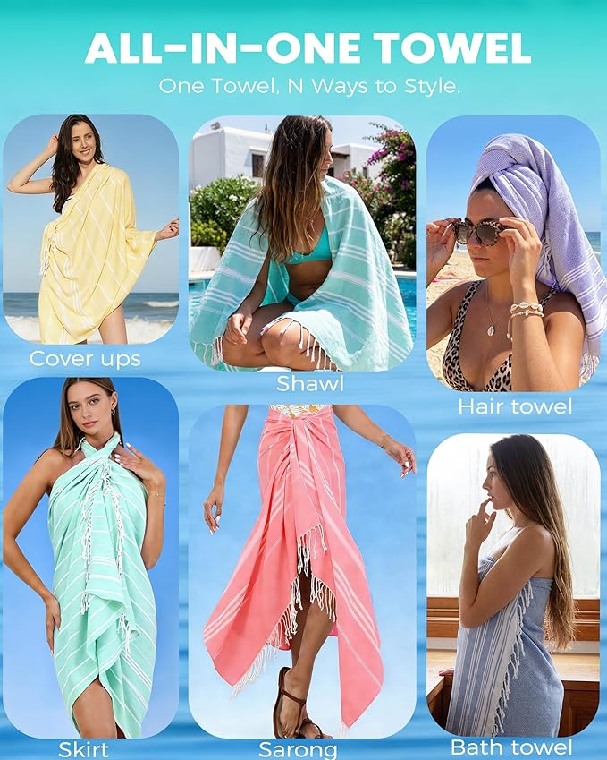 2 Pack Turkish Beach Towels Quick Dry Sand Free Soft Absorbent Extra Large Xl Big Blanket Adult Oversized Bath Pool Swim Towel Lightweight Thin Fast Drying Compact No Sand Packable Vacation Essentials