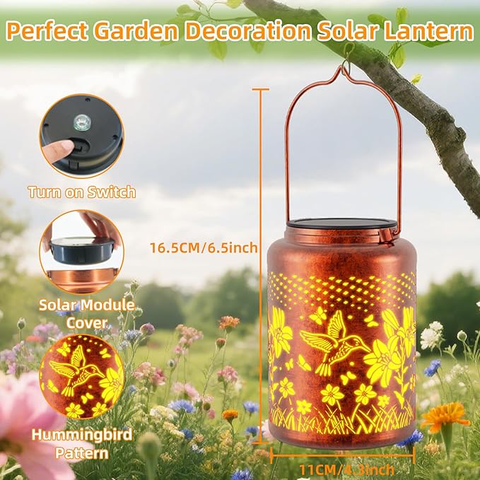 Solar Lanterns Outdoor Waterproof Hummingbird, KagoLing Birthday Gifts for Women Mom Grandma, Garden Decor Hanging Solar Lights Outdoor Metal Lantern Decoration Outside for Yard, Patio, Backyard