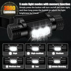 Headlamp Rechargeable, 2000 Lumen Super Bright LED Head Lamp for Adults, IP67 Waterproof Rechargeable Headlight with 9 Modes, Head Flashlight with 2600 mAh for Outdoor Camping Hiking Fishing Running