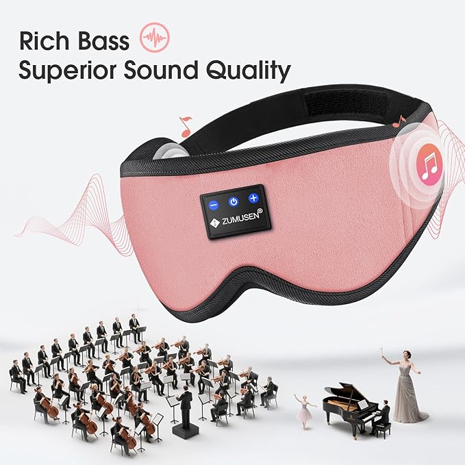 ZUMUSEN Bluetooth Sleep Headphones, 3D Wireless Music Eye Mask with Ultra-Thin Stereo Speakers, Adjustable Sleep Mask for Side Sleepers, Perfect for Travel, Meditation, Relaxation
