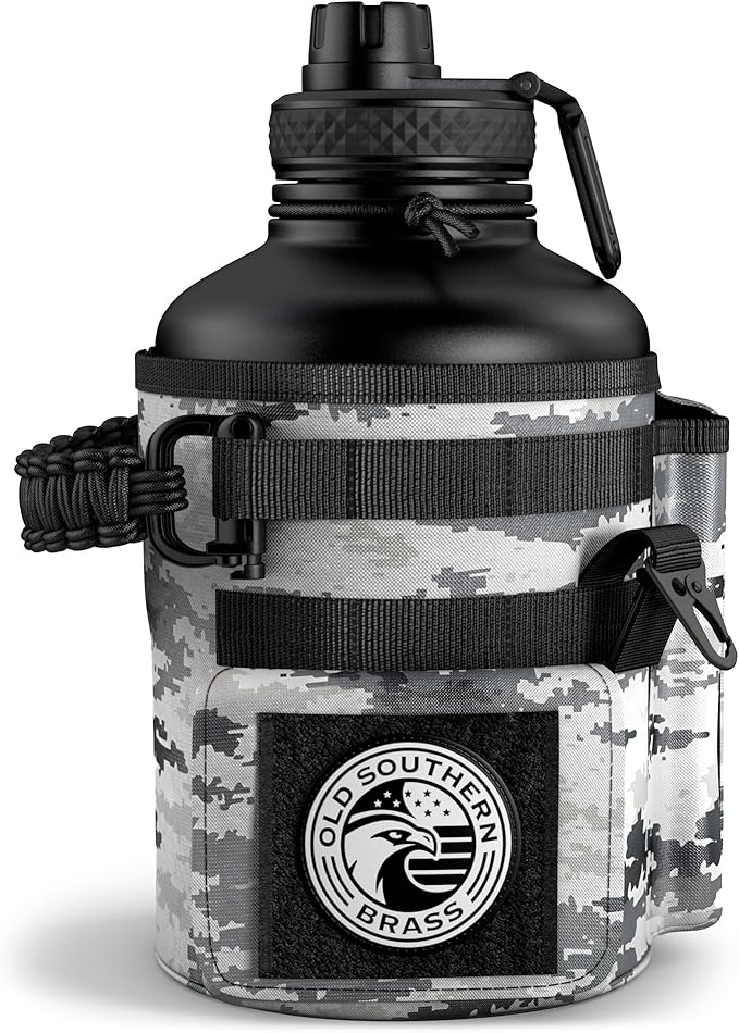 Combat Canteen - 64oz Insulated Water Bottle with Paracord Handle, Stainless Steel Water Jug with Rugged Pockets for Keys, Wallet & Phone - White Digital