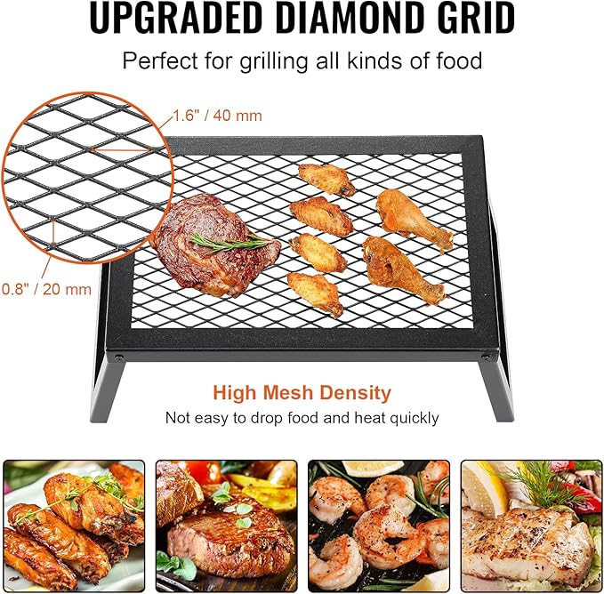 VEVOR Folding Campfire Grill, 18" Portable Camping Grates Over Fire Pit, Heavy Duty Steel Mesh Grate, Camp Fire Cooking Equipment with Legs Carrying Bag, Grilling Rack for Outdoor Open Flame Cooking