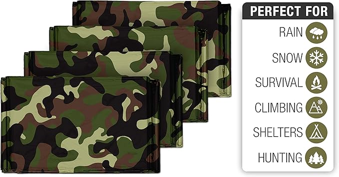 Swiss Safe 4 Pack Mylar Emergency Blankets for Survival - Compact & Insulated for Cold Weather - Designed for NASA, Outdoor, Running, Camping, Survival, First Aid Car Kit - Woodland Camo, 4 Pack