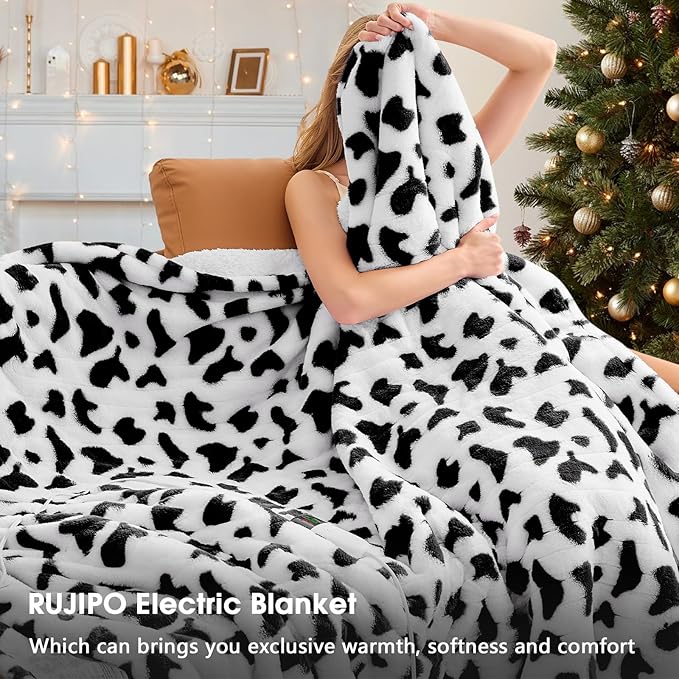 Cow Print Heated Electric Blanket Twin,62X84 Black Heating Blanket with 10 Heats Levels & 8 Hours Auto Off,Cute Cow Decor Fleece Sherpa Blankets Warmer Gifts for Women Couch Office,Washable,ETL