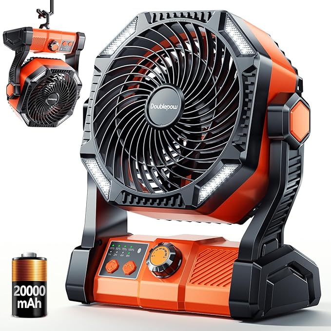 Camping LED Fan with Light, 40000m Rechargeable Battery Powered Outdoor Tent Fan with Light and Hook, 6 Speed, Personal USB Desk Fan for Camping, Fishing, Power Outage,Hurricane, Worksite