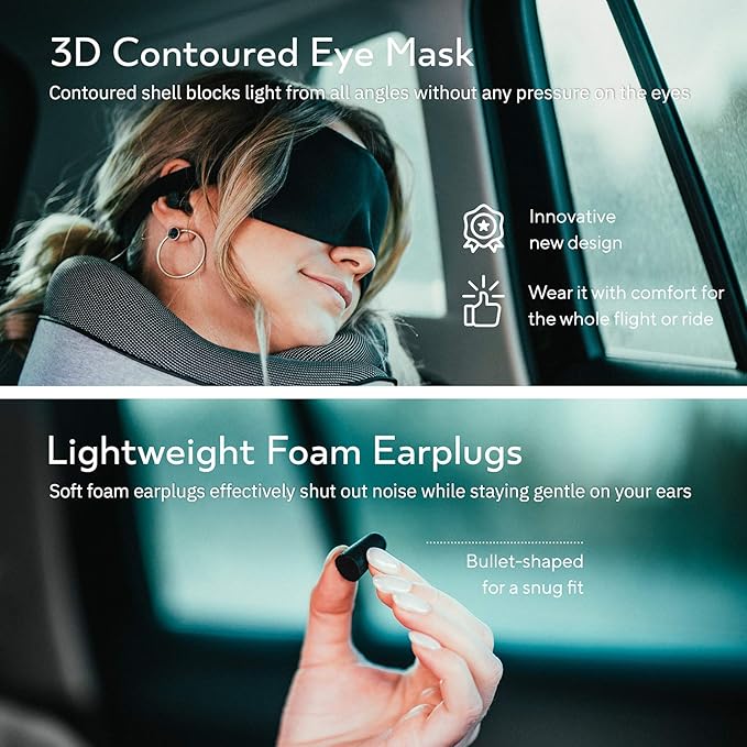 Travel Neck Pillows for Airplanes, Sleeping Essentials for Long haul Flights, 360° Head Support, Car and Airplane Kit with 3D Contoured Eye Mask, Earplugs and Luxury Mesh Bag (Adult, Grey)