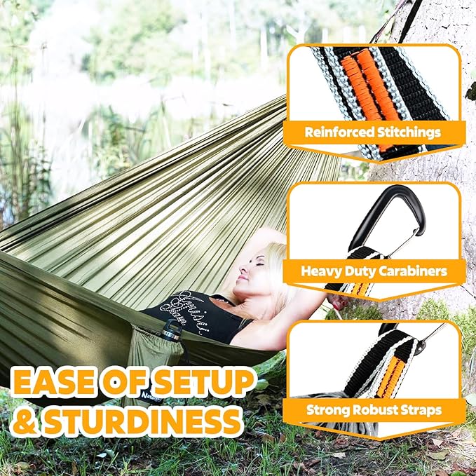 NATUREFUN Ultra-Light Travel Camping Hammock | 300kg Load Capacity,Breathable,Quick-Drying | 2 x Premium Carabiners,2 x Nylon Slings Included | Outdoor Indoor Garden
