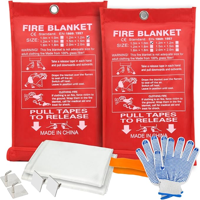 Home Emergency Fire Blankets, (47.2 * 47.2/39.3 * 39.3” Tow Mix Size) 2PACK Fire Blanket for Kitchen, Fireproof Fiberglass Fire Safety Blanket, Camping, Grill, Car, Warehous.