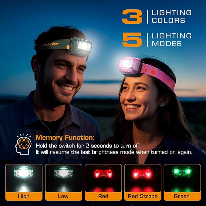 EverBrite Rechargeable Headlamp, 2 Pack Kids Headlamp with White/Red/Green Light and Memory Function, Head Lamp for Adult and Kid with 5 Modes, 120° Adjustable LED Headlamp for Camping, Running-Green