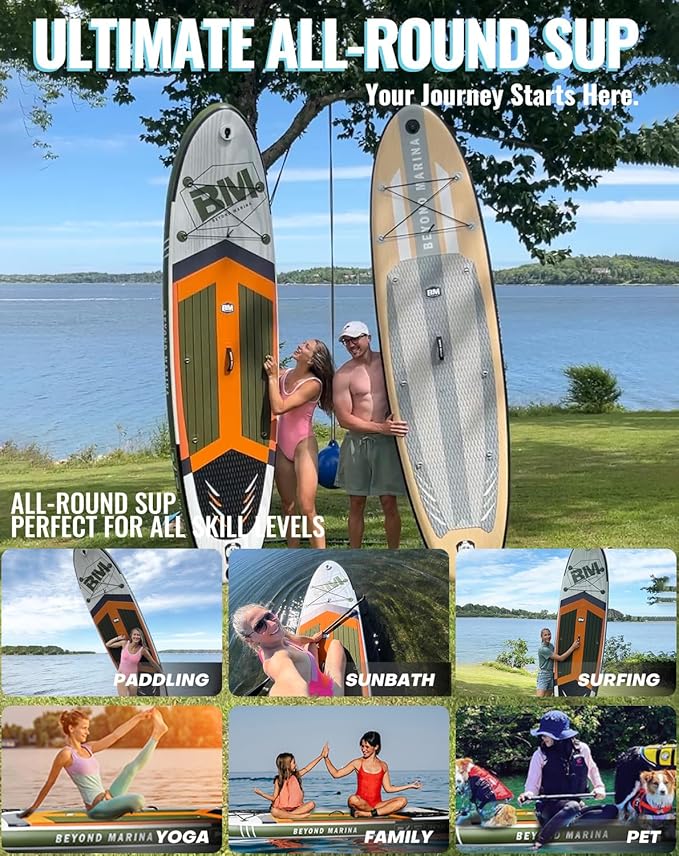 BM Paddle Board Inflatable Stand Up Paddle Board, SUP Paddleboard for Adult, Premium Accessories | Non-Slip EVA Deck & Foam Handles, Camera Mount, Double Action Pump, 85L Travel Backpack