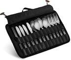 13 Piece Stainless Steel Family Cutlery Picnic Utensil Set with Travel Case for Camping | Hiking | BBQs - Includes Forks | Spoons | Knifes | Chopstick, Plus Nylon Commuter Case (Black)