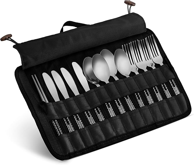 13 Piece Stainless Steel Family Cutlery Picnic Utensil Set with Travel Case for Camping | Hiking | BBQs - Includes Forks | Spoons | Knifes | Chopstick, Plus Nylon Commuter Case (Black)