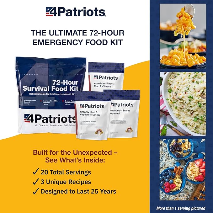 4Patriots 72-Hour Survival Food Kit: Emergency Food Supply Designed to Last 25 Years, 20 Servings