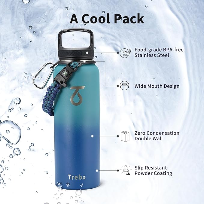 Trebo 40oz Water Bottle Insulated with Lid and Straw,Double Wall Vacuum Stainless Steel Tumbler Sports Flask with Paracord Handle, Keep Hot 24 Hours & Cold 48 Hours Water Jug with 3 Lids, Cyan Blue