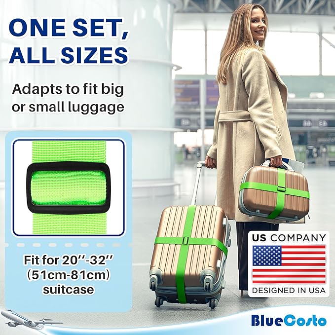 Luggage Straps for Suitcases - TSA Approved - Neon Green, 20 PK - Bulk Multipack Premium Nylon Belts for Suitcase, Briefcase & Travel Bag - Adjustable Strap Length 46" - 78"