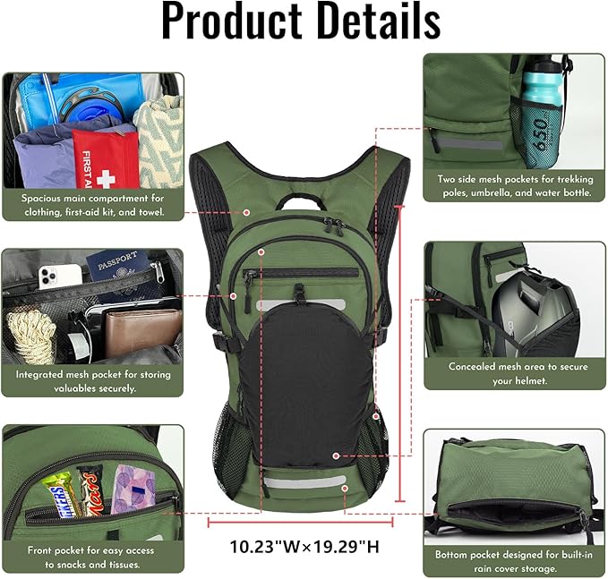 Zavothy 18L Multipurpose Hiking Backpack with 3L Water Bladder – Durable Hydration Backpack with Insulated Bladder Compartment, Hidden Helmet Holder & Rain Cover – for Hiking, Commuting, and Camping
