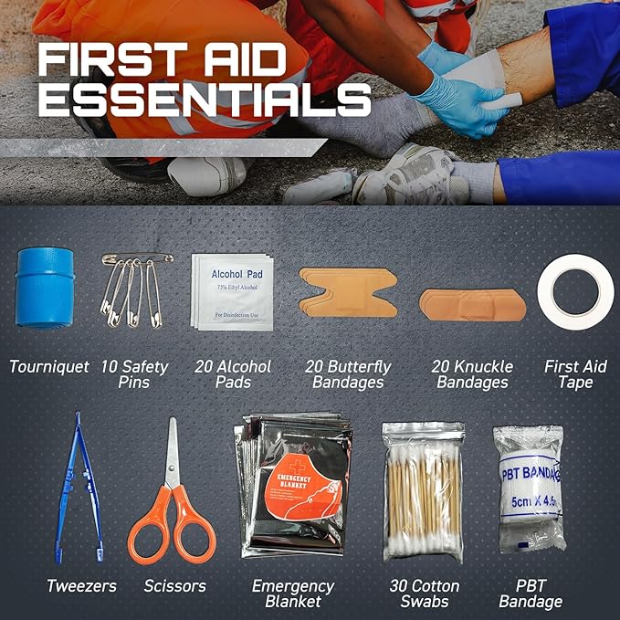 GunZee 175-Piece Survival Kit, First Aid Kit for Emergency and Outdoor Adventures, IFAK, Fishing Gear, MOLLE-Compatible Bag, Car Travel, Camping, Hiking, Earthquake, Tornado, Gifts for Men and Women