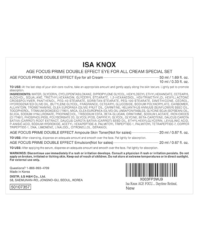 Isa Knox Age Focus Prime Eye For All Cream Gift Set - Firming & Hydration Face and Neck Care - Full Size Eye Cream + Travel Size Toner, Emulsion & Cream - Daytime Retinol, Korean Skin Care