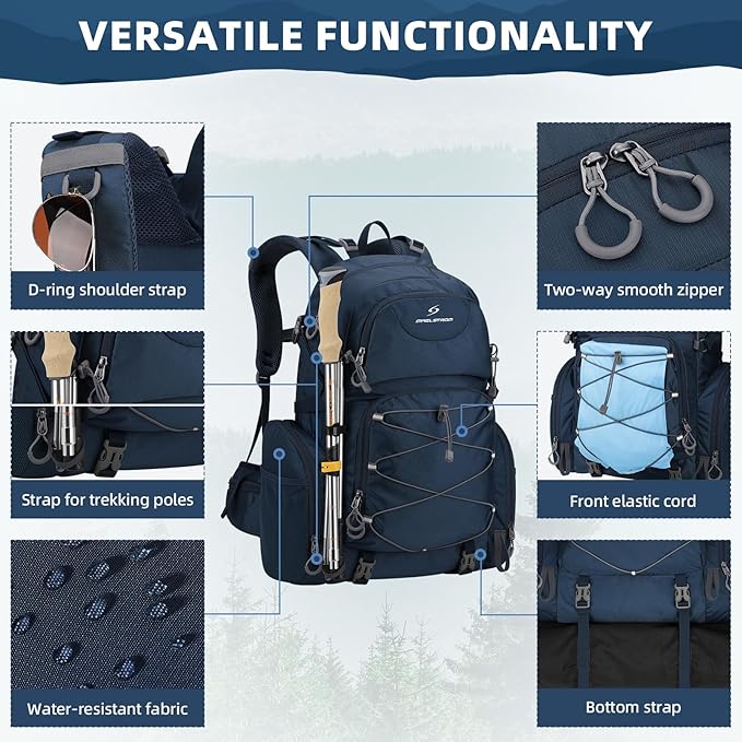 Maelstrom Hiking Backpack, 40L Waterproof Camping Daypack for Men and Women, Lightweight Travel Pack with Rain Cover-Blue