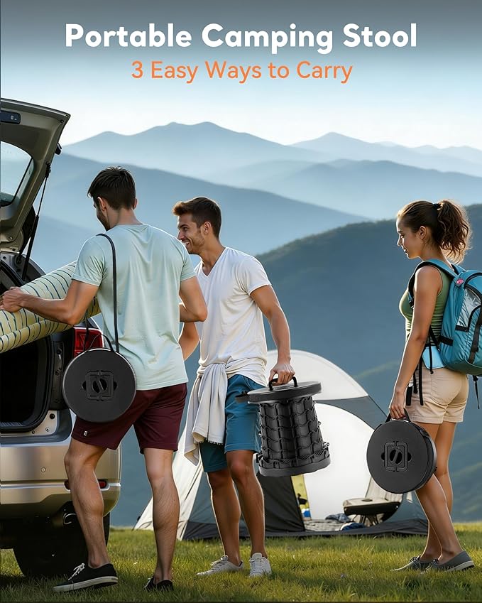 Collapsible Stool for Adults Adjustable Height - Portable Retractable Folding Camping Stool, Extra Tall and Wide Folding Chair, Heavy Duty Outdoor Essentials for Camping, Fishing, Waiting, Hunting