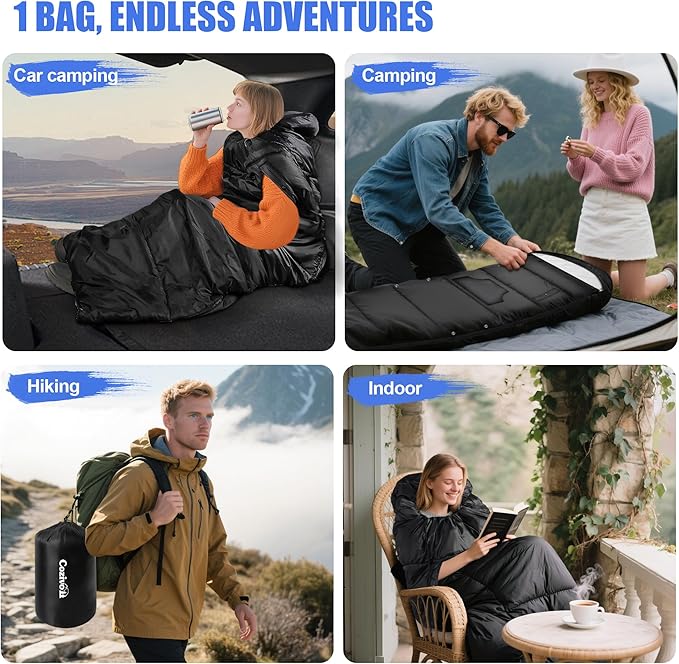 Adjustable Height Sleeping Bag for Adults - Wearable 3-Season Lightweight Waterproof with Arm Ports & Windproof Hood Design for Camping Hiking Backpacking(31.5“x87”)
