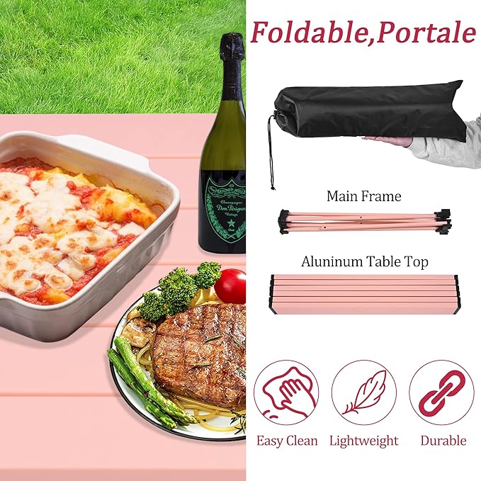 Grope Portable Camping Table with Aluminum Table Top, Folding Beach Table Easy to Carry, Prefect for Outdoor, Picnic, BBQ, Cooking, Festival, Beach, Home (Pink-M)