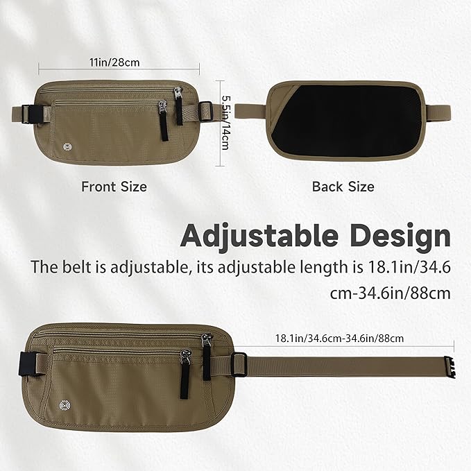 FuninCrea Waterproof Hidden Money Belt for Travel, Anti-Theft Belt Bag with RFID Blocking Function Adjustable Slim Waist Bag with 2 Zipper Pockets and 1 Back Pocket for Travel Running (Style 2, Khaki)