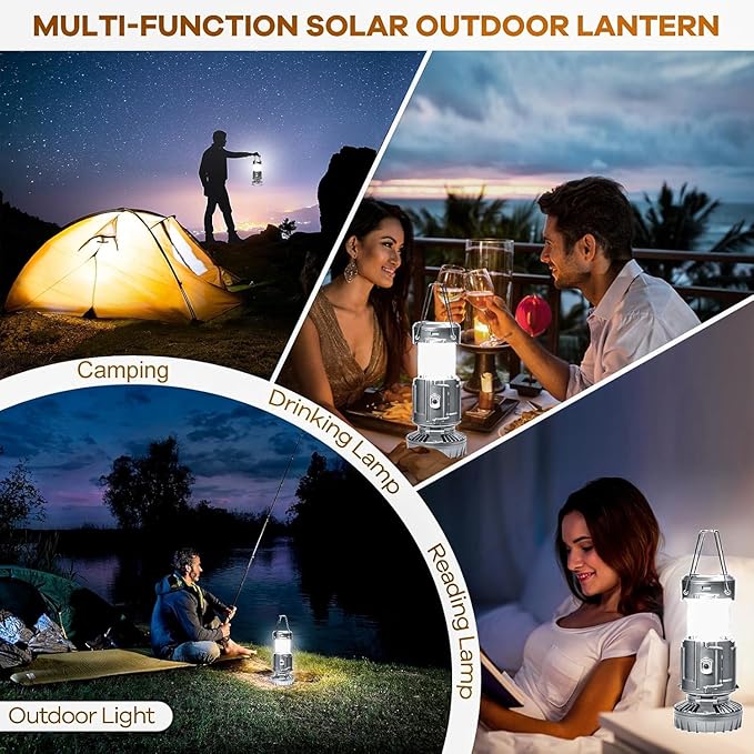 Solar Camping Lantern with Fan, Collapsible USB Rechargeable & Battery Powered Emergency Hanging Lights for Camping Tent Hurricanes Power Outages Storm Indoor Outdoor (Upgraded, 1 Pack)
