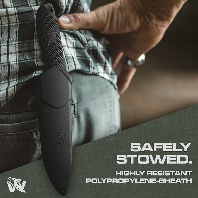 WOLF-I Full Tang Survival Knife with Sheath - Stylish Tactical Fixed Blade - Made of 440C Steel - For Bushcraft and Camping Survival - Perfect EDC Outdoor Knife with TPE Handle