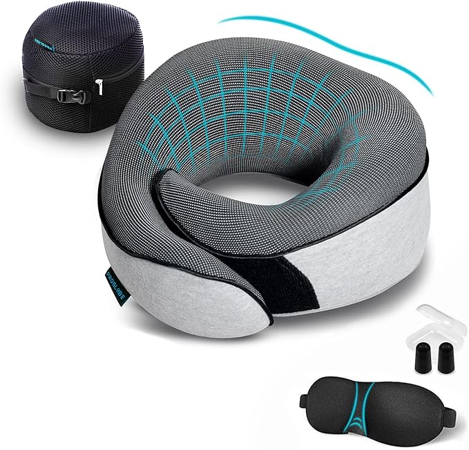 Travel Neck Pillows for Airplanes, Sleeping Essentials for Long haul Flights, 360° Head Support, Car and Airplane Kit with 3D Contoured Eye Mask, Earplugs and Luxury Mesh Bag (Adult, Grey)