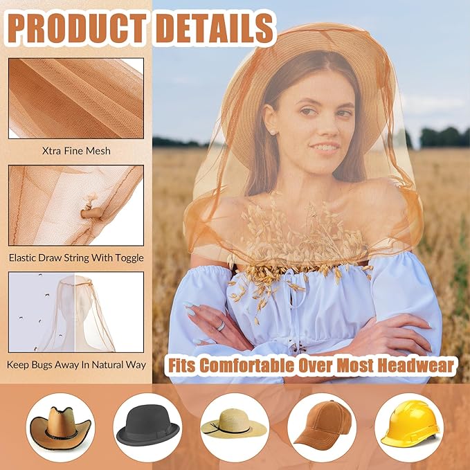 HESTYA 4 Pack Mosquito Bug Net Mesh for Head Mosquito Head Net Face Neck Fly Netting Hood from Insect Bugs Gnats for Outdoor