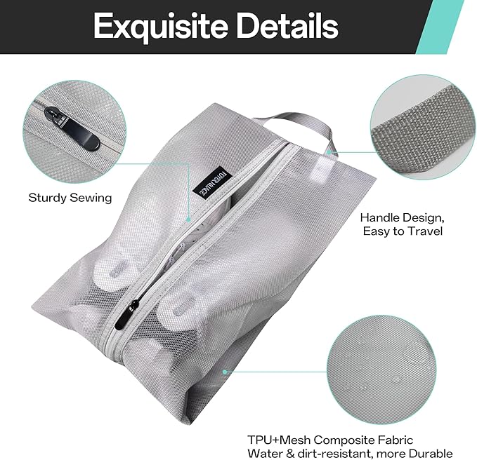 Travel Shoe Bags, Water Resistant TPU Mesh with Zipper, Travel Essentials for Men & Women (Grey, 1 Set)