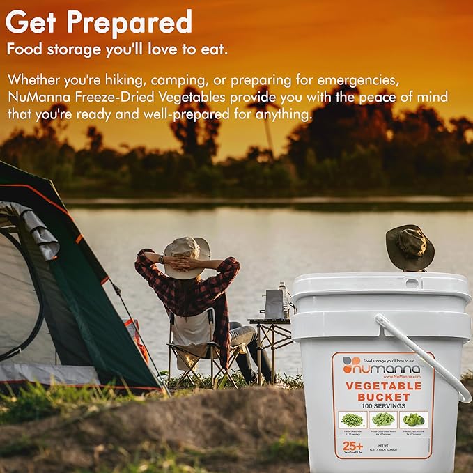 NuManna Triple Pack Freeze-Dried 3 Vegetables Buckets 300 Servings Contains Peas, Green Beans & Broccoli | Non-GMO, No Preservatives, No MSG Camping & Emergency Survival Food with 25 Years Shelf Life