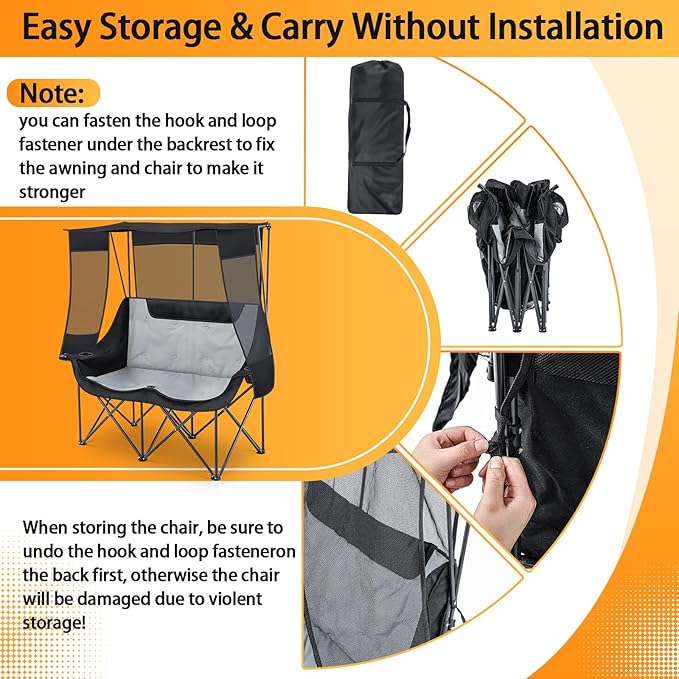 Double Camping Chair with Canopy Shade Oversized 2 Person Camping Sofa Fully Padded Folding Loveseat with Cup Hold and Storage Bag Sturdy for Lawn Beach Fall Outdoor Activities(Black)