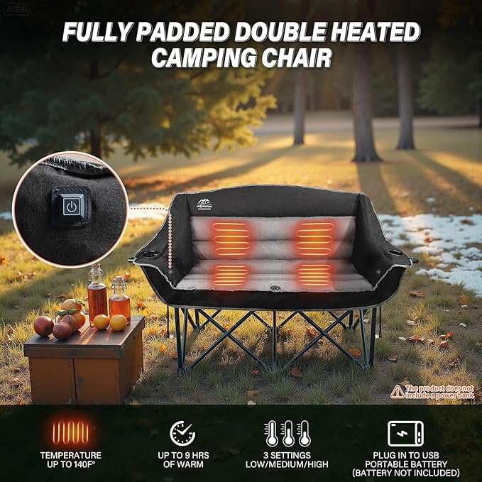 Heated Double Camping Chairs,3 Heat Levels Padded Portable Loveseat w/Wine Glass Holder,Cup Holder,Heating Outdoor Camp Couch Support 600 Lbs,Black,Battery NOT Included