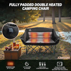 Heated Double Camping Chairs,3 Heat Levels Padded Portable Loveseat w/Wine Glass Holder,Cup Holder,Heating Outdoor Camp Couch Support 600 Lbs,Black,Battery NOT Included