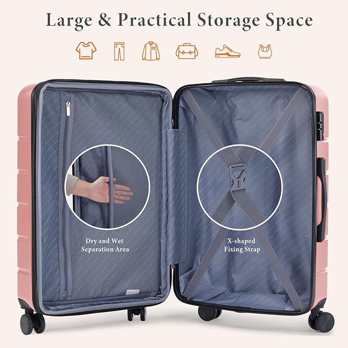 Sweetcrispy 3 PCS Luggage Set, Spinner Wheels Lightweight Expandable Travel Hard Shell Suitcase with TSA Lock, Pale Pink(20/24/28 inch)