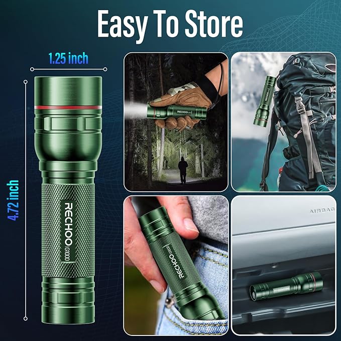 Rechargeable Flashlights High Lumens, G1000 Super Bright Flash Light, Small Zoomable LED Flashlight with 3 Lighting Modes, Portable Tactical Flashlight for Camping Essentials (Battery Included)-Green