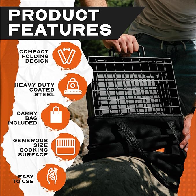 24" Heavy Duty Folding Campfire Grill, Food-Safe Cooking Surface, Compact Folding Design, Portable Grill Grate & Griddle for Campfire Cooking, Australian Designed & Owned